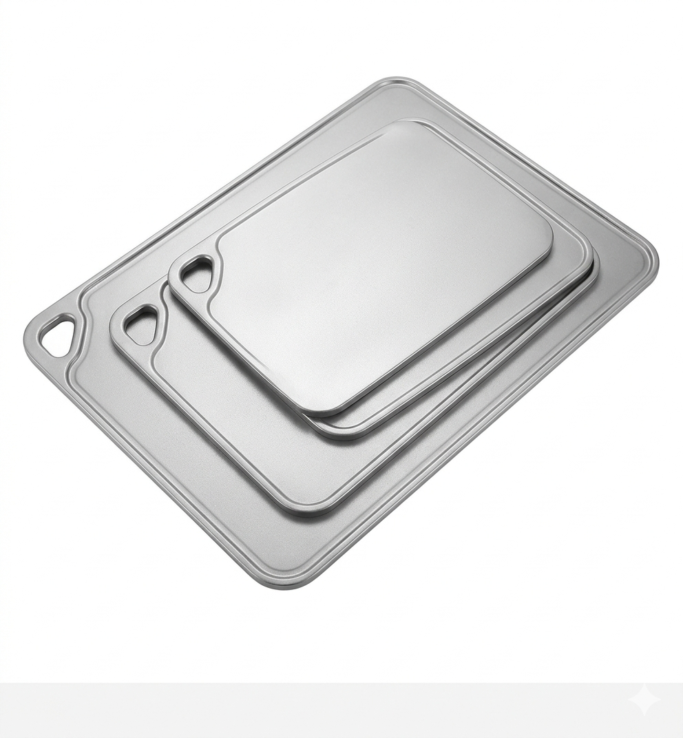 Paytenchr Lot de 3 Planches à Découper Double Face | Acier Inoxydable S316 & Titane de Qualité Alimentaire | Idéal pour Viande et Légumes